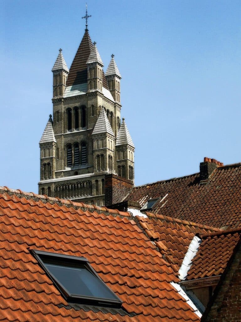 church tower, tile roof, roof surface, skylight, roof tiles, bruges, belgium, skylight, skylight, skylight, skylight, skylight